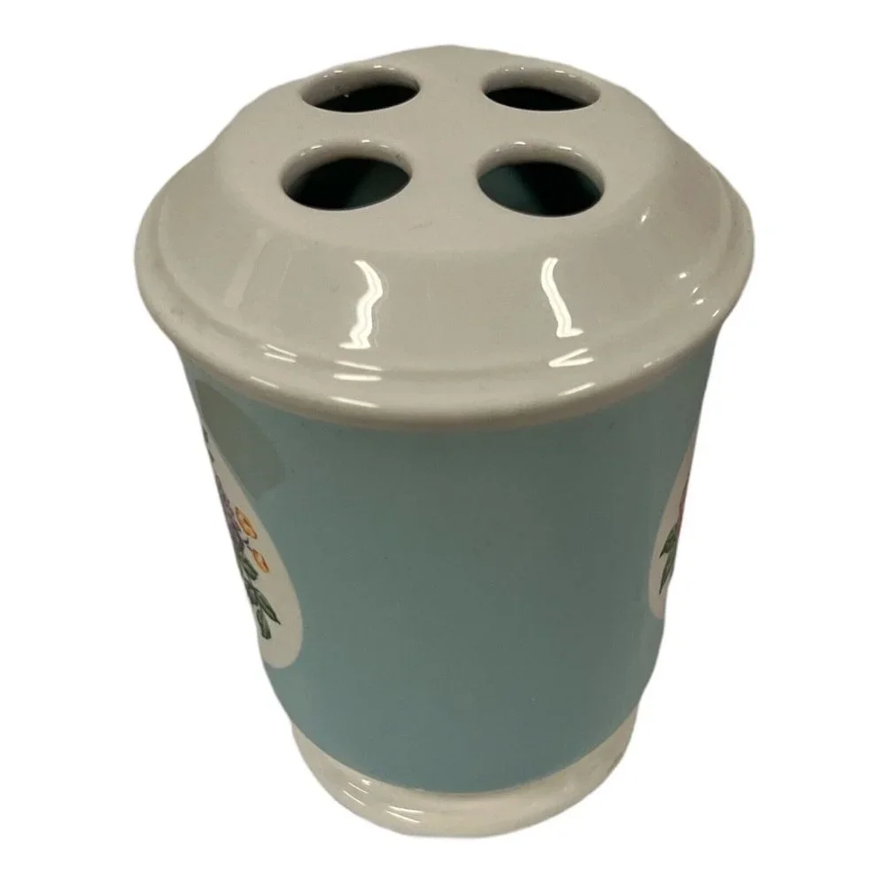 Martha Stewart Everyday Light  Blue Pink Floral Design Toothbrush Holder Ceramic